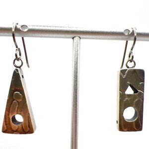 Sterling Silver Earrings Asymmetrical Geometric With Cut-Out and Embossed Shapes